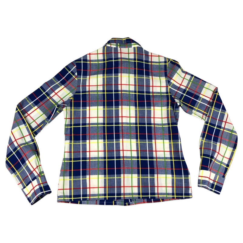 Vintage 70s Blue White Plaid Shirt Blouse 6