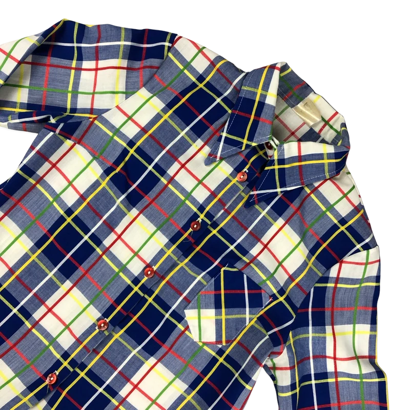 Vintage 70s Blue White Plaid Shirt Blouse 6