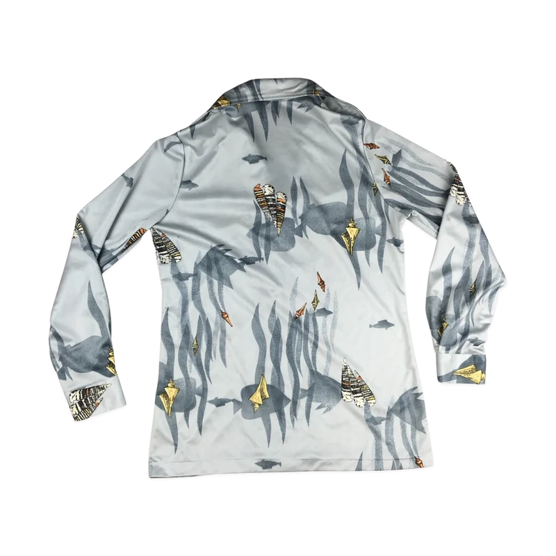 Vintage 70s Grey Aquatic Print Blouse 8