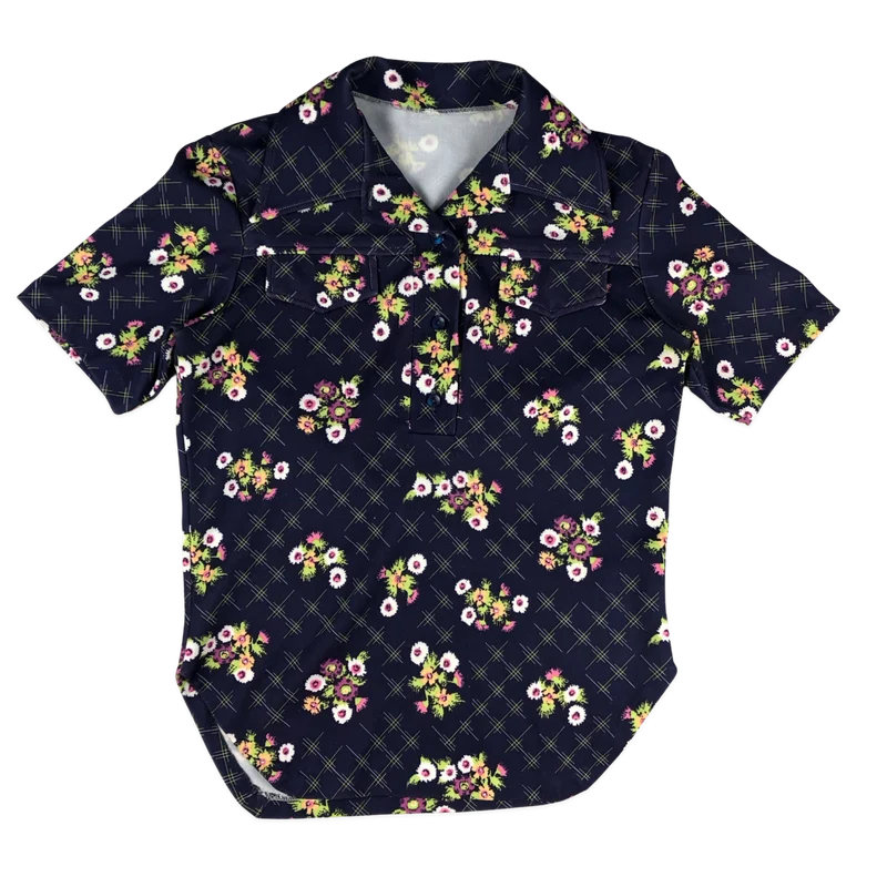 Vintage 70s Navy Floral Pattern Blouse 10
