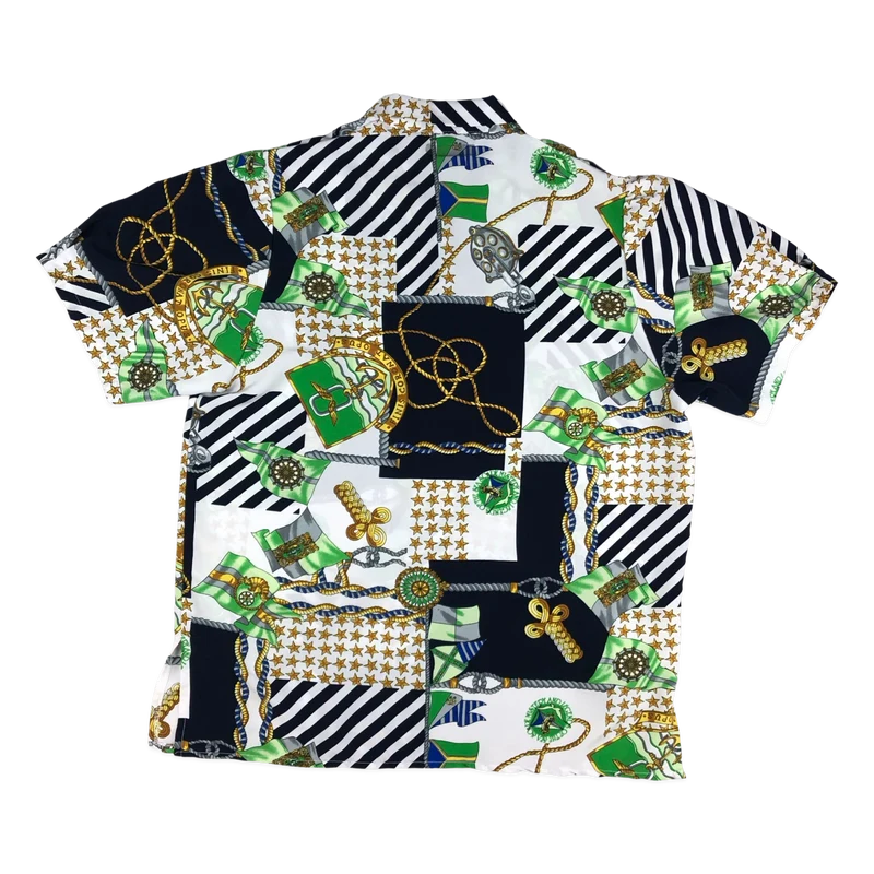 Vintage 80s Navy Green and Gold Abstract Print Blouse 16