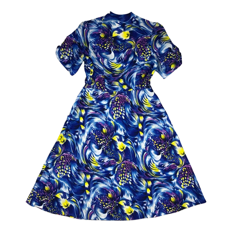 Vintage Abstract Print Blue Dress 10