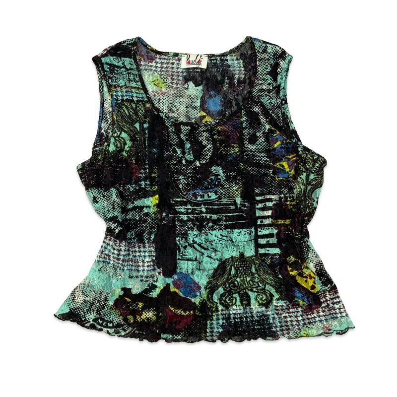 Vintage Black & Teal Floral Mesh Crop Top 10 12