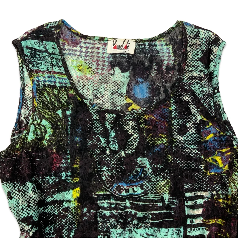Vintage Black & Teal Floral Mesh Crop Top 10 12