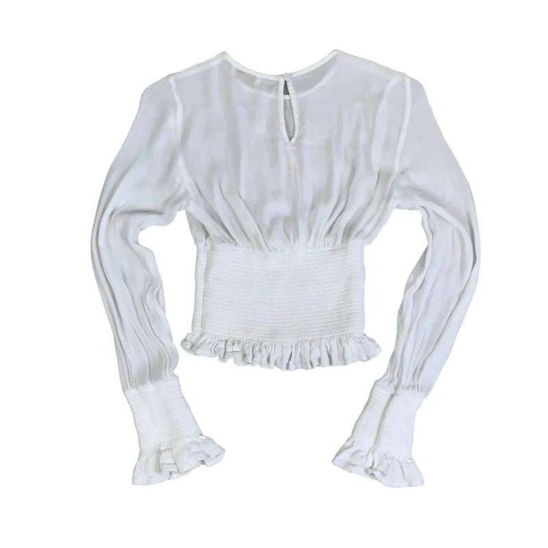 Vintage Y2k ‘Kookaï’ White Frill Long Sleeve Shirred Boho Blouse 4 XS