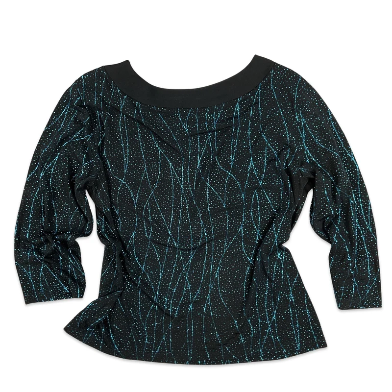 VTG Blue Black Metallic Shimmer 3/4 Sleeve Disco Top 10 12 14