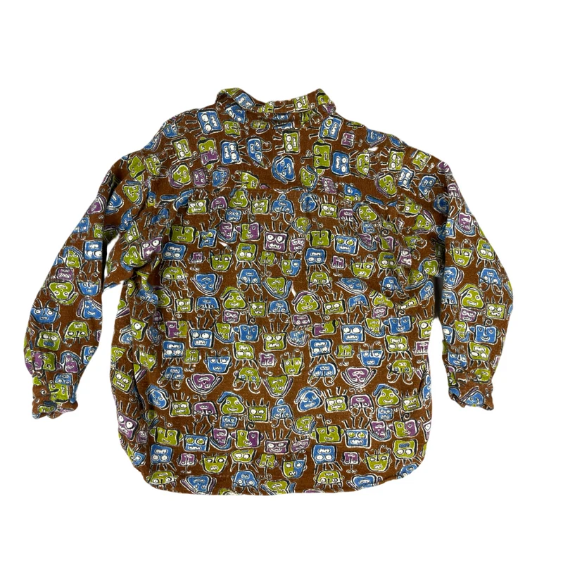 Vintage Abstract Face Pattern Printed Brown Heavy Flannel Shirt XL