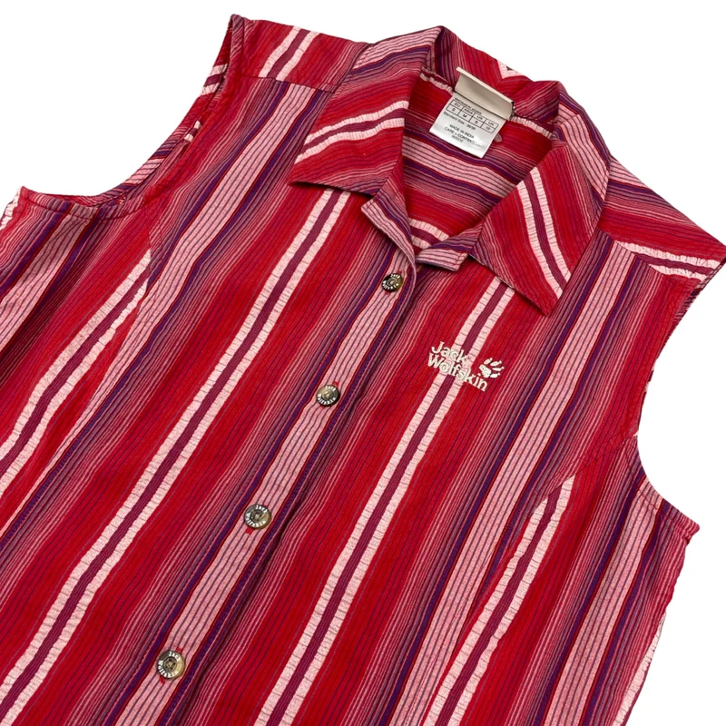 Vintage Y2K Jack Wolfskin Women Red Striped Casual Sleeveless Shirt Small UK 10