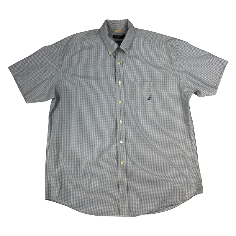 Vintage 90s Nautica Blue And White Plaid Checked Short Sleeve Shirt 4XL