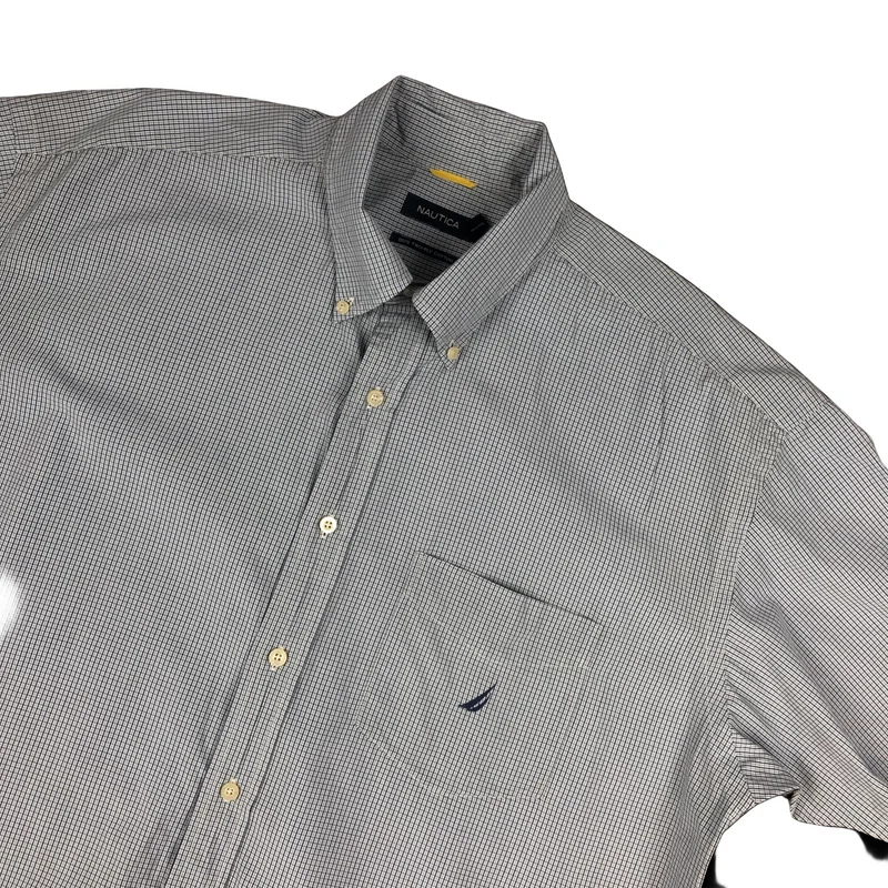 Vintage 90s Nautica Blue And White Plaid Checked Short Sleeve Shirt 4XL