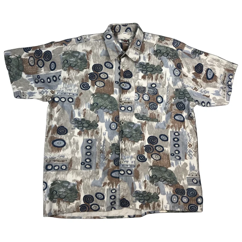 Vintage Abstract Crazy Pattern Printed Linen Short Sleeved Shirt 2XL
