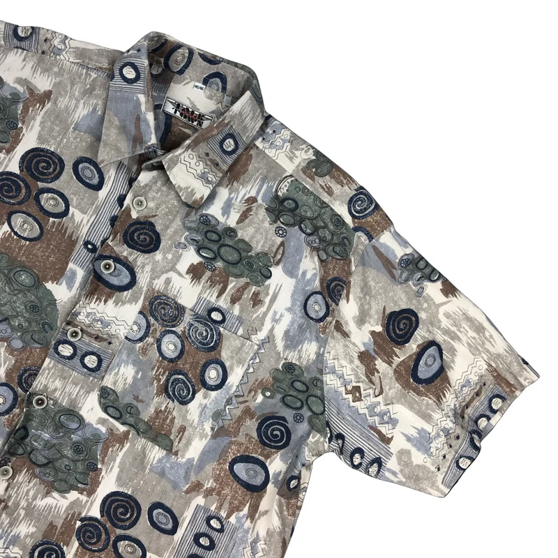 Vintage Abstract Crazy Pattern Printed Linen Short Sleeved Shirt 2XL