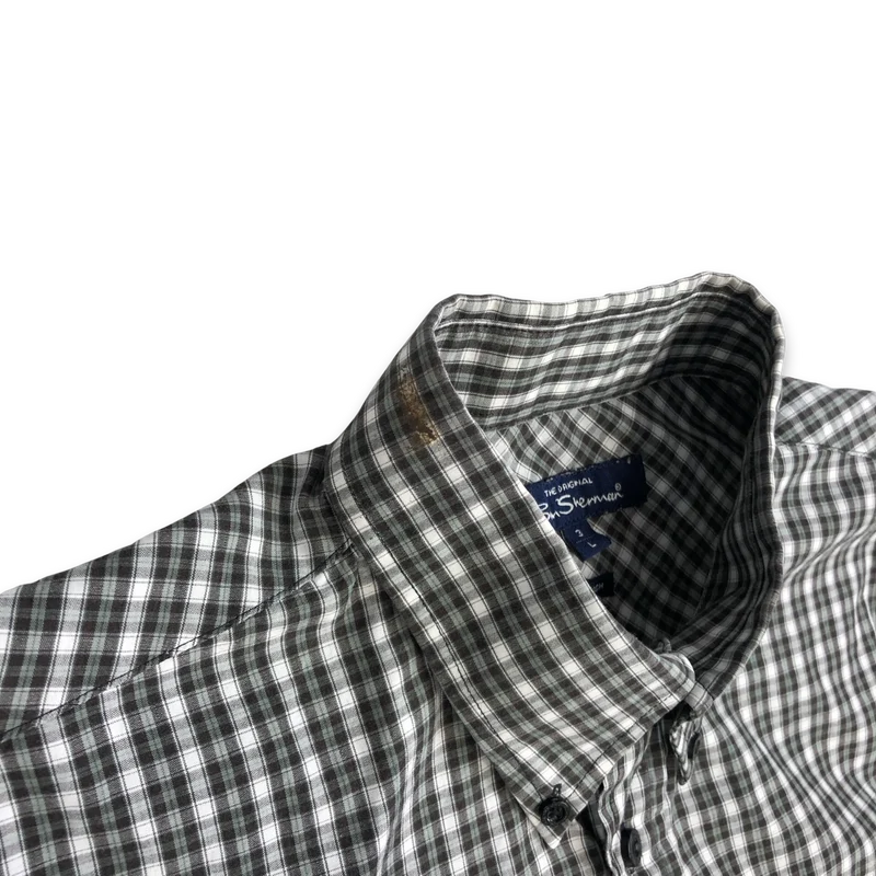 Vintage Ben Sherman Grey and White Plaid Short Sleeved Shirt XL