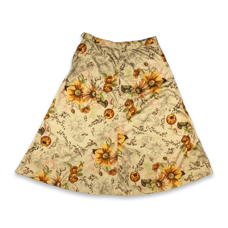 Vintage 70s Cream Green and Orange Floral Print A Line Midi Skirt 8