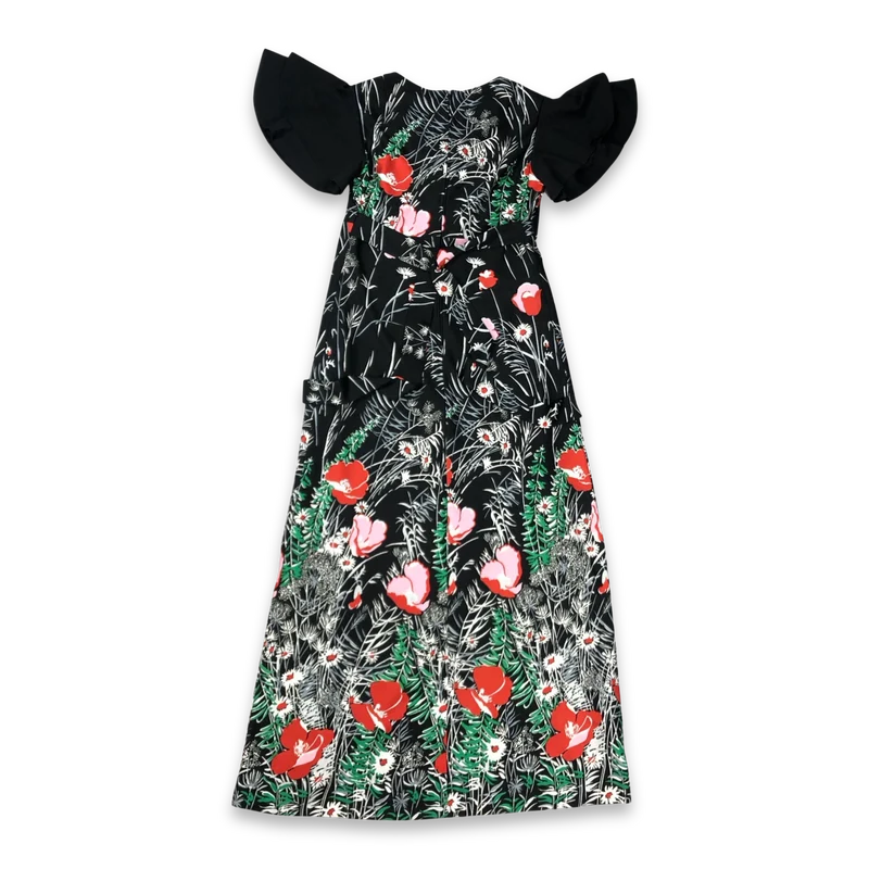 Vintage 70s Floral Daisy and Poppy Print Black Maxi Dress 10