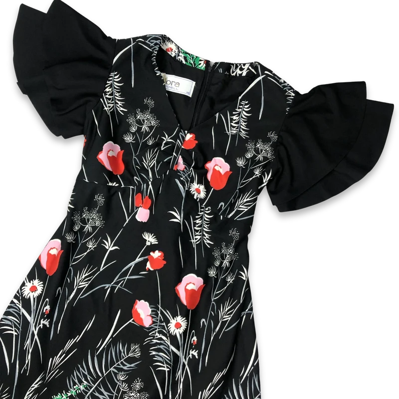 Vintage 70s Floral Daisy and Poppy Print Black Maxi Dress 10