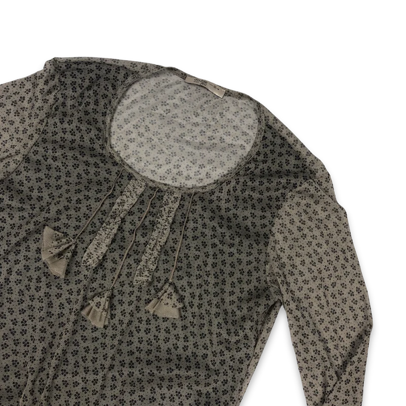 Vintage Y2K Sheer Long Sleeve Top Taupe with Black Floral Print 10