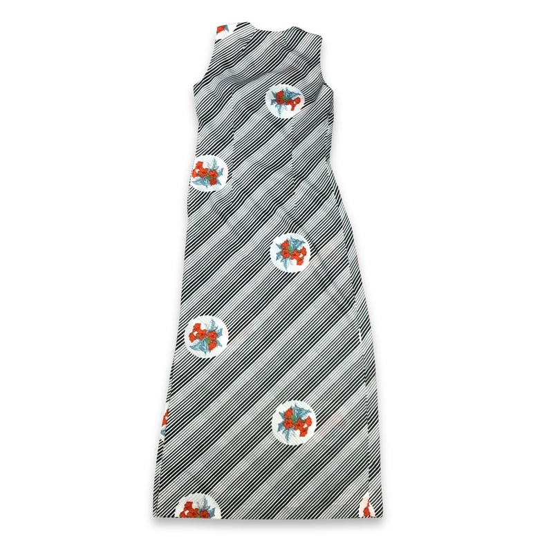 Vintage 70s Maxi Dress Black and White Striped Floral Print 10