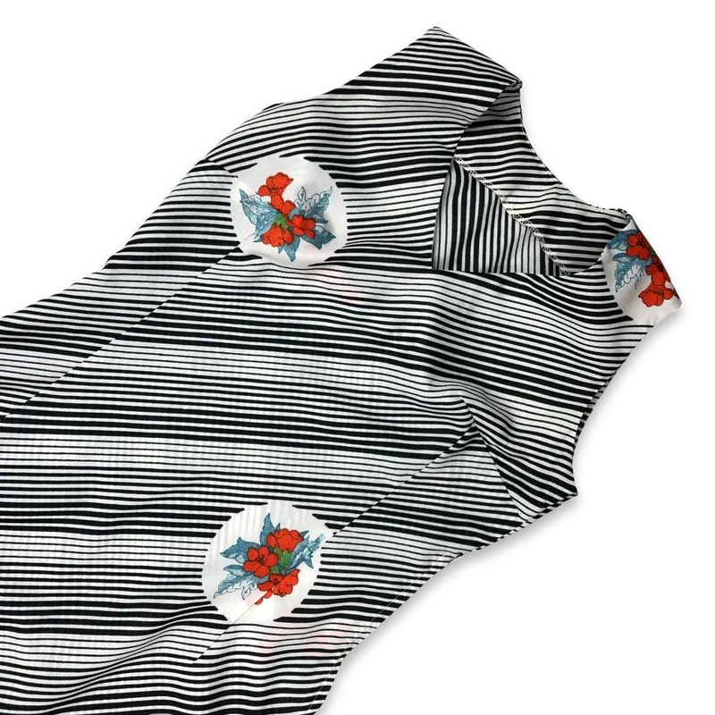 Vintage 70s Maxi Dress Black and White Striped Floral Print 10