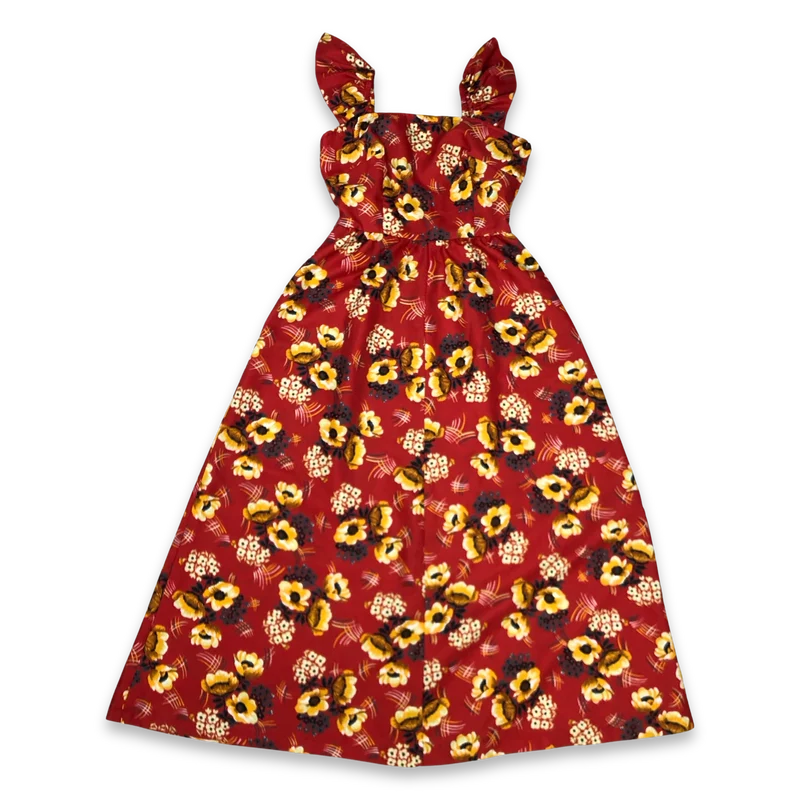Vintage 70s Red Floral Print Smock Style Maxi Dress 6