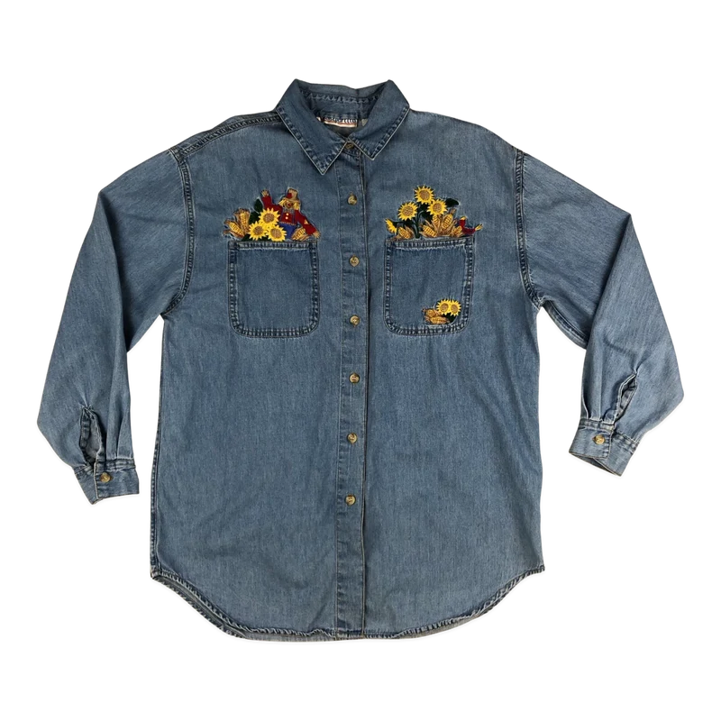 Vintage 80s Women's Embroidered Flower Denim Shirt 16