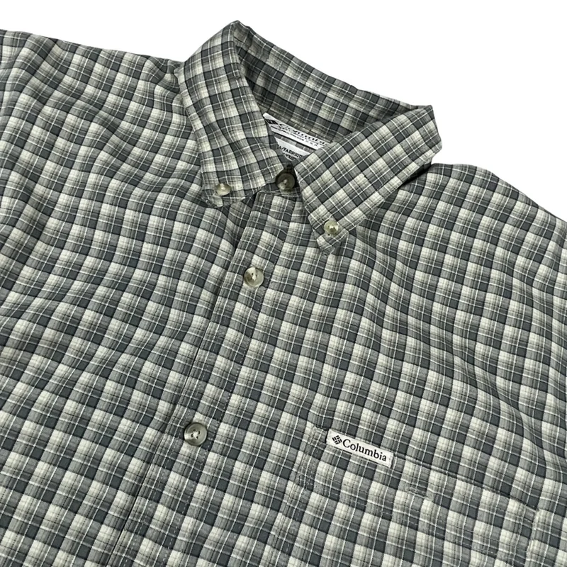 Vintage 1990s Columbia Grey Plaid Check Button-Up Long Sleeve Casual Shirt XL