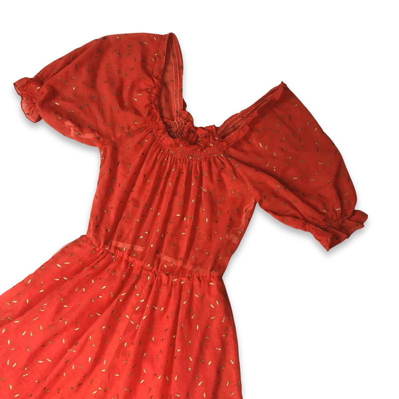 Vintage 70s Gold Flecked Red Maxi Dress Size 8