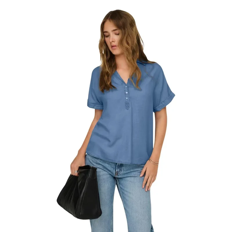 Only Chemisier bleu en lyocell pour femme, manches courtes, boutonné