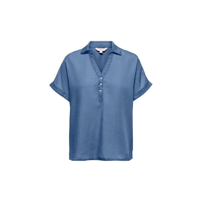 Only Chemisier bleu en lyocell pour femme, manches courtes, boutonné
