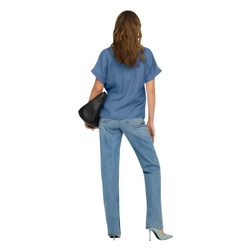 Only Chemisier bleu en lyocell pour femme, manches courtes, boutonné