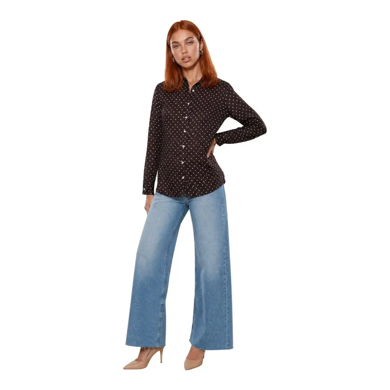 Guess Chemisier classique à manches longues pour femme, en polyester marron.