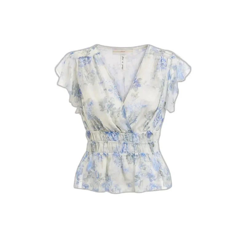 Guess Chemisier en soie pour femme, bleu clair à fleurs, col en V
