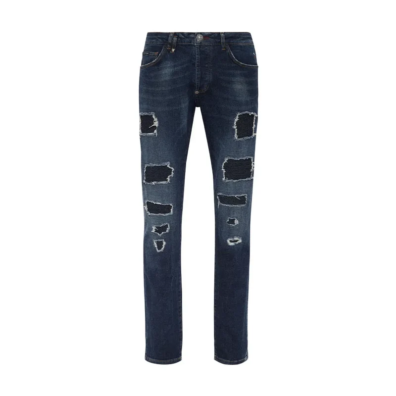 Philipp Plein pour hommes Jean bleu déchiré effet usé en coton