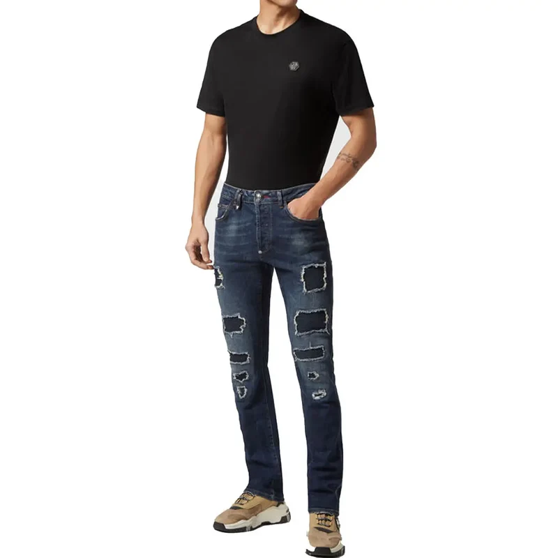 Philipp Plein pour hommes Jean bleu déchiré effet usé en coton
