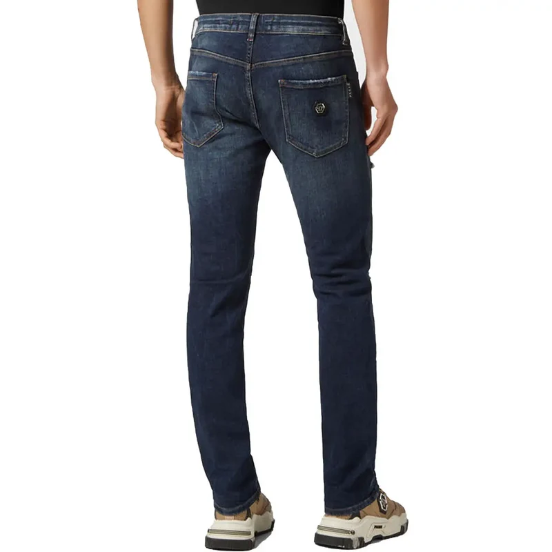 Philipp Plein pour hommes Jean bleu déchiré effet usé en coton