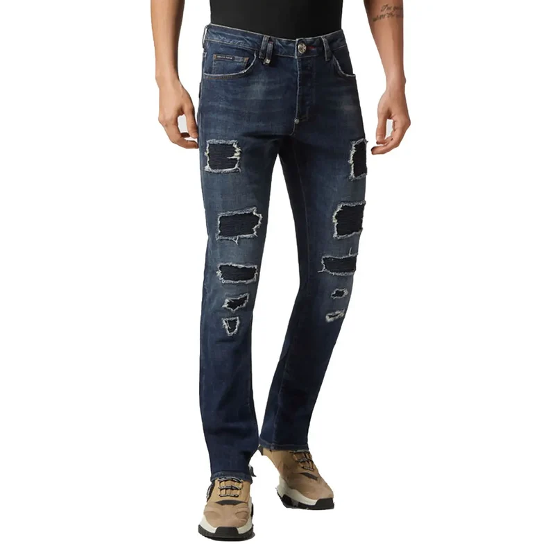 Philipp Plein pour hommes Jean bleu déchiré effet usé en coton