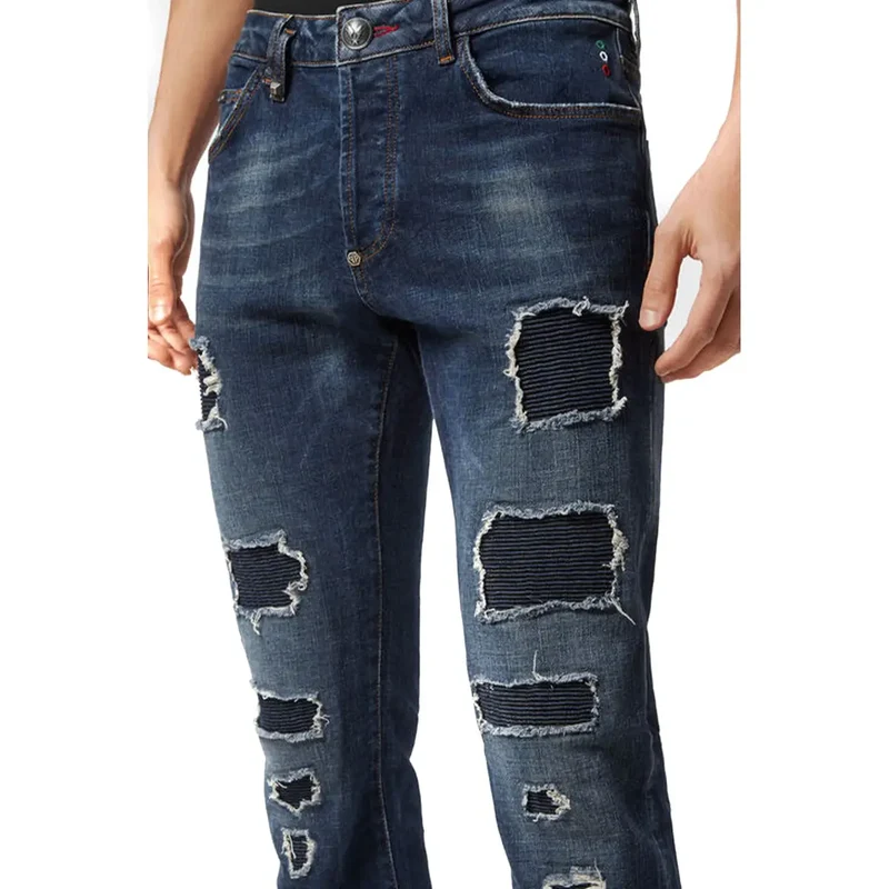 Philipp Plein pour hommes Jean bleu déchiré effet usé en coton