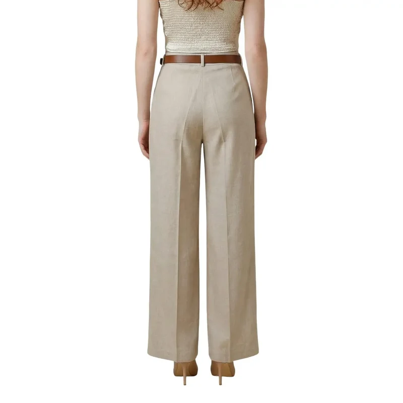 Pantalons pour femmes en beige, polyester, fermeture éclair et bouton, fabriqués en Italie