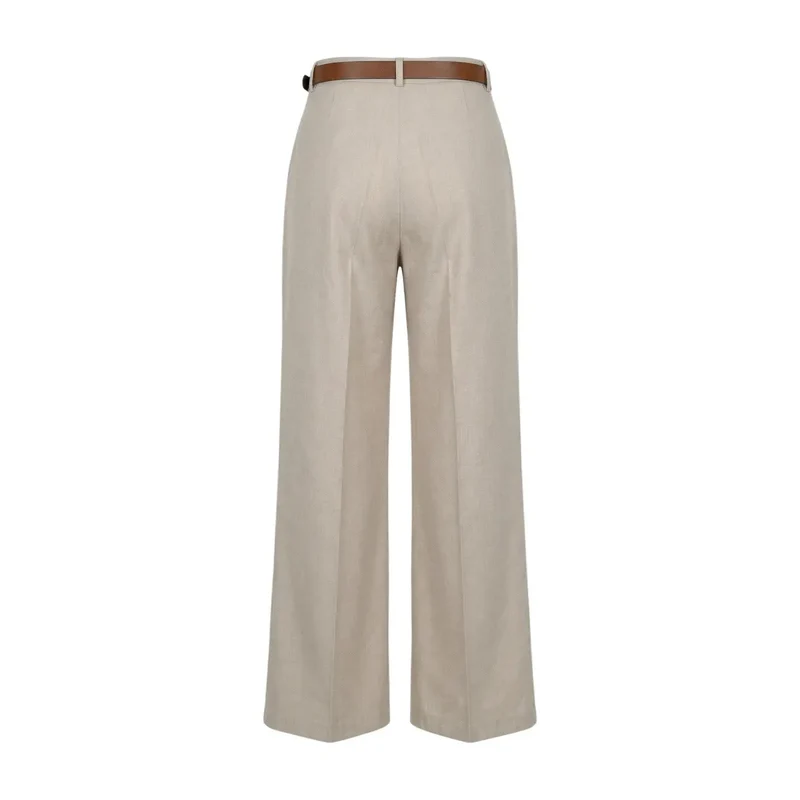 Pantalons pour femmes en beige, polyester, fermeture éclair et bouton, fabriqués en Italie