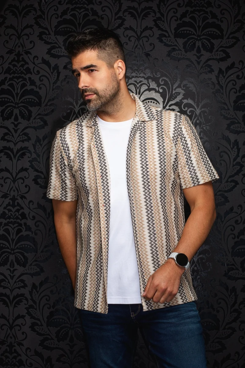 CHEMISE MANCHES COURTES COL OUVERT | RAJ-T, Beige Grey