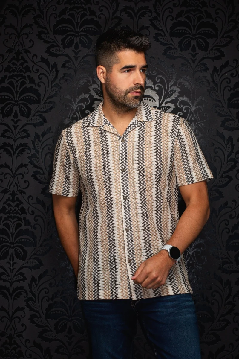 CHEMISE MANCHES COURTES COL OUVERT | RAJ-T, Beige Grey