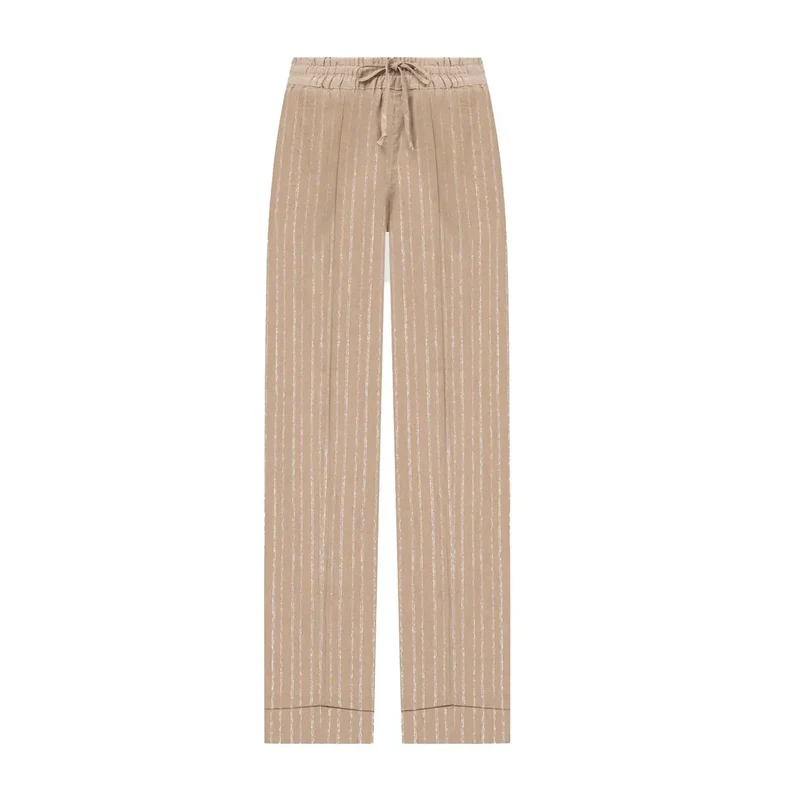 Twinset Femme Pantalon Beige Rayé Coton Lin