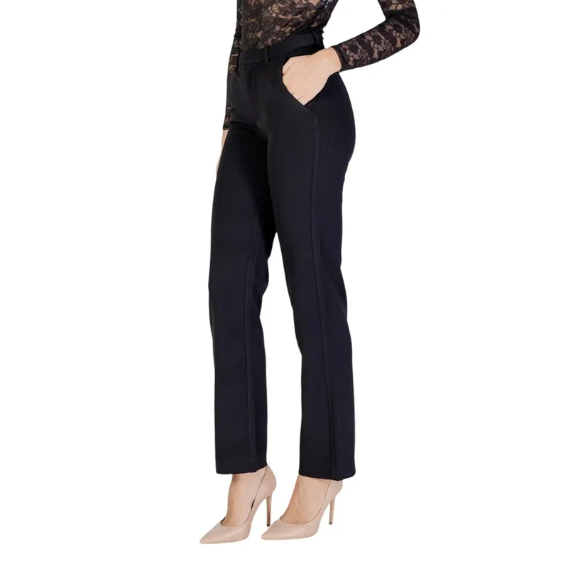 Pantalon pour femmes noir uni à fermeture éclair boutonnée en polyester