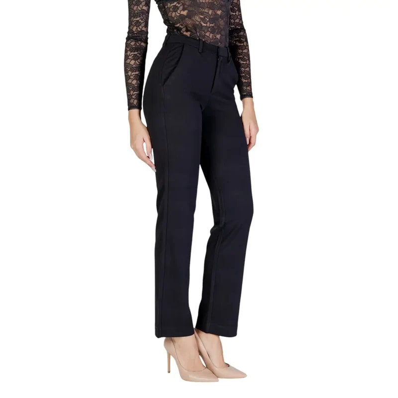 Pantalon pour femmes noir uni à fermeture éclair boutonnée en polyester