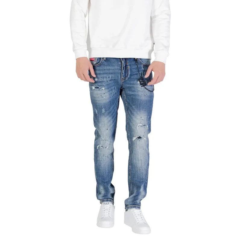 Jeans stretch en coton délavé bleu pour hommes