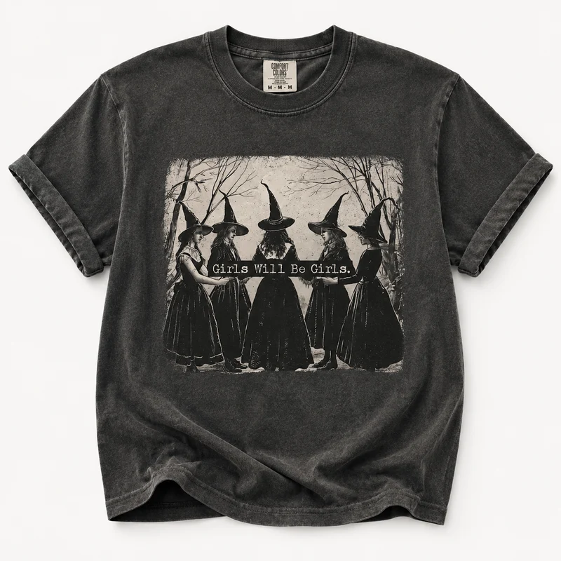 Girls Will Be Girls Witch Shirt – Comfort Colors Vintage Hal: Ivory / L