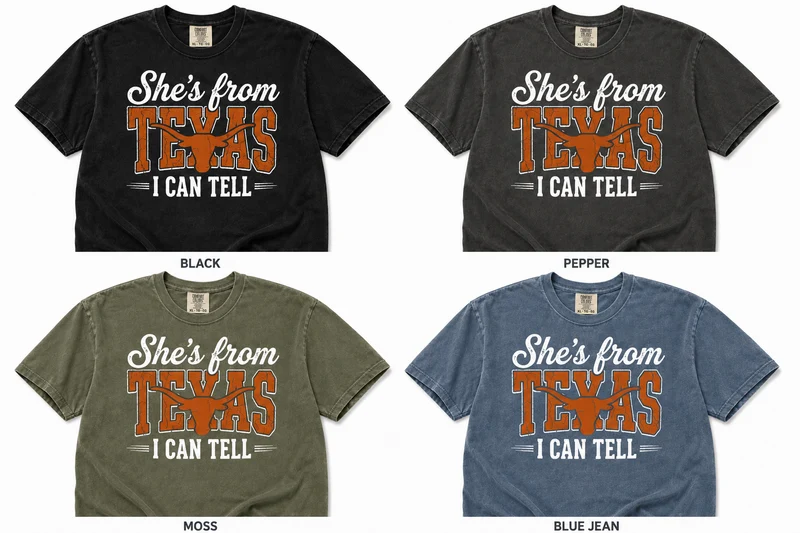 She’s From Texas Shirt – Comfort Colors Western Longhorn: Pepper / M