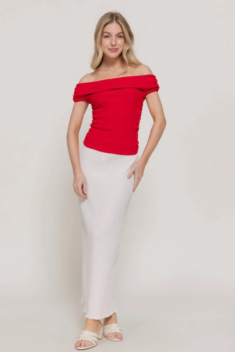 Off The Shoulder Side Ruched Sweater Top : BLK-black / L