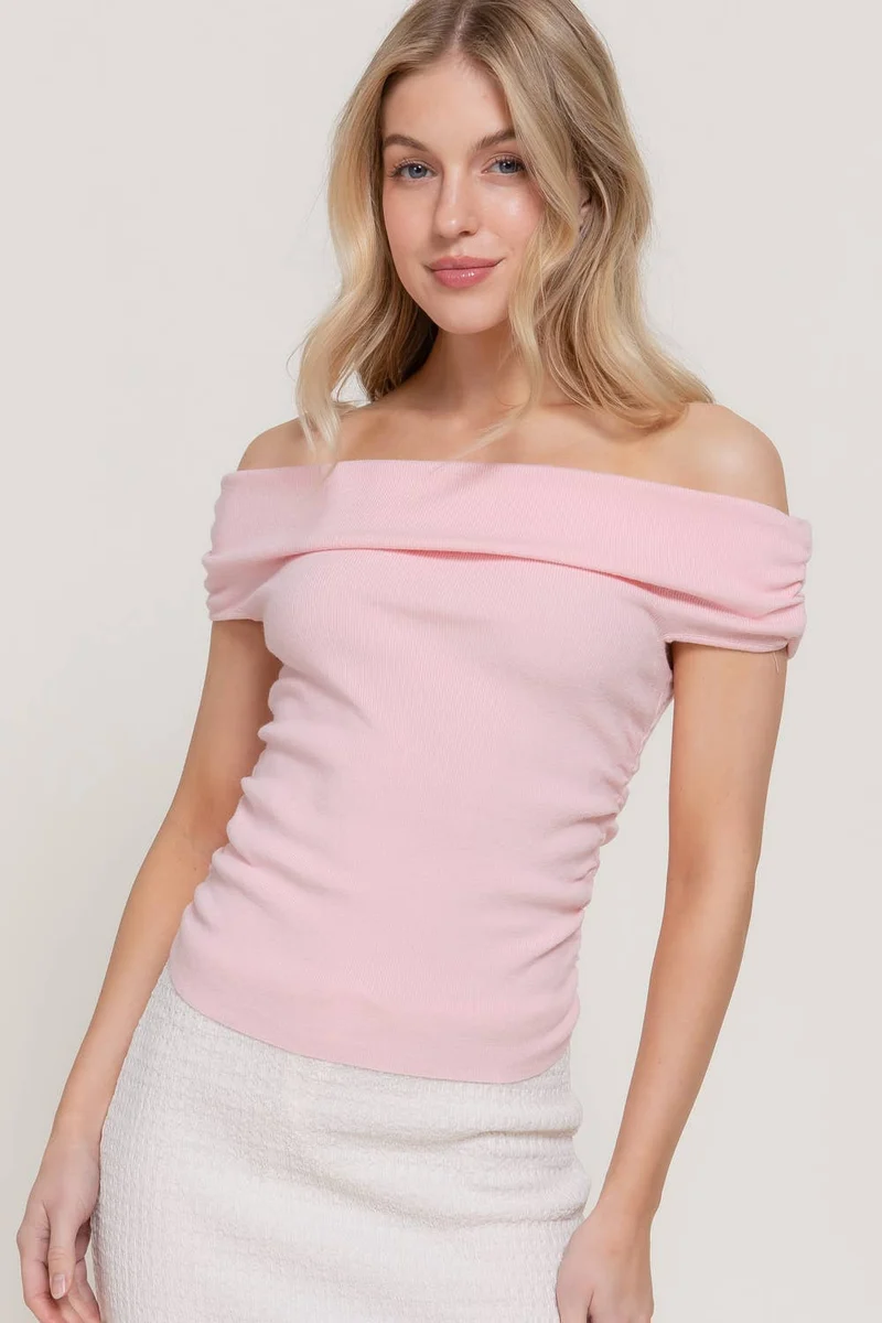 Off The Shoulder Side Ruched Sweater Top : BLK-black / L