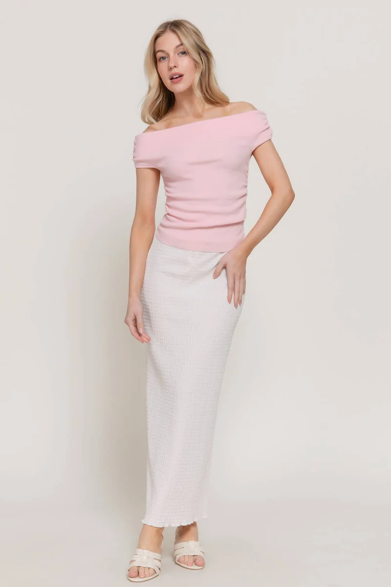 Off The Shoulder Side Ruched Sweater Top : BLK-black / L